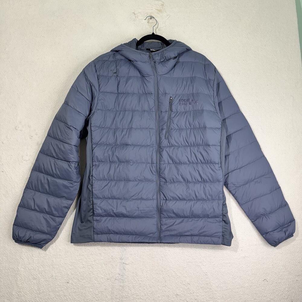 Eddie Bauer Slate Blue Hooded 550 Power Down Puffer Stretch Jacket Men’s Size XL